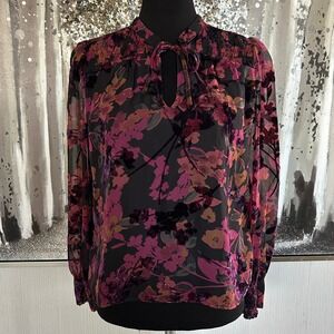 Evereve Womens Black and Purple Floral Print Burnout Velvet Blouse - XS